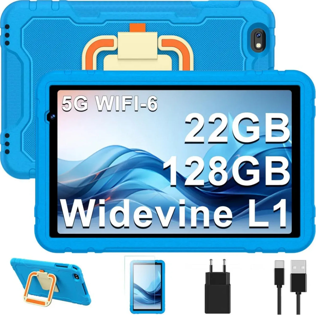 Tablet 10' Android 14 Octa-Core 22+128GB, Controllo Parentale, 8000mAh, Widevine L1, WiFi6 5G, Bluetooth 5.0, Fotocamere 5+8MP, Custodia Antiurto Blu