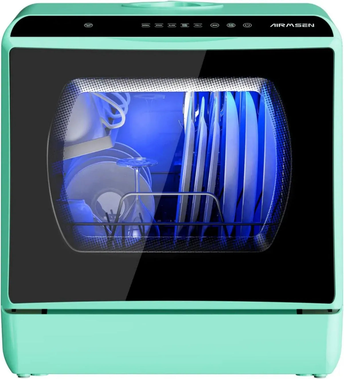 Mini Lavastoviglie AIRMSEN con 6 Programmi, Serbatoio da 5L, Doppio Sistema Idrico, Controllo Touch e Display LED, Verde, Perfetta per Spazi Compatti
