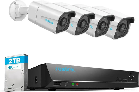 Kit Videosorveglianza 4K PoE Reolink con Rilevamento Intelligente, NVR 8 Canali 2TB e 4 Telecamere Esterne, Espandibile a 16TB, Visione Notturna, IP67 Impermeabile, Modello RLK8-800B4