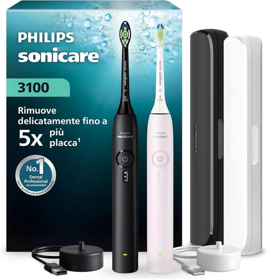 Philips Sonicare 3100 Spazzolino Elettrico Sonico con Sensore di Pressione, 3 Intensità, Nero e Rosa, Set da 2