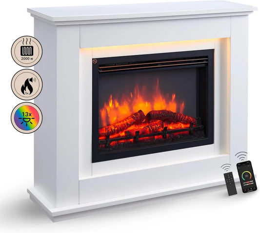 Caminetto Elettrico BALDERIA con Effetto Fiamma 3D e Riscaldamento 2000W, Controllo App e Telecomando, Bianco