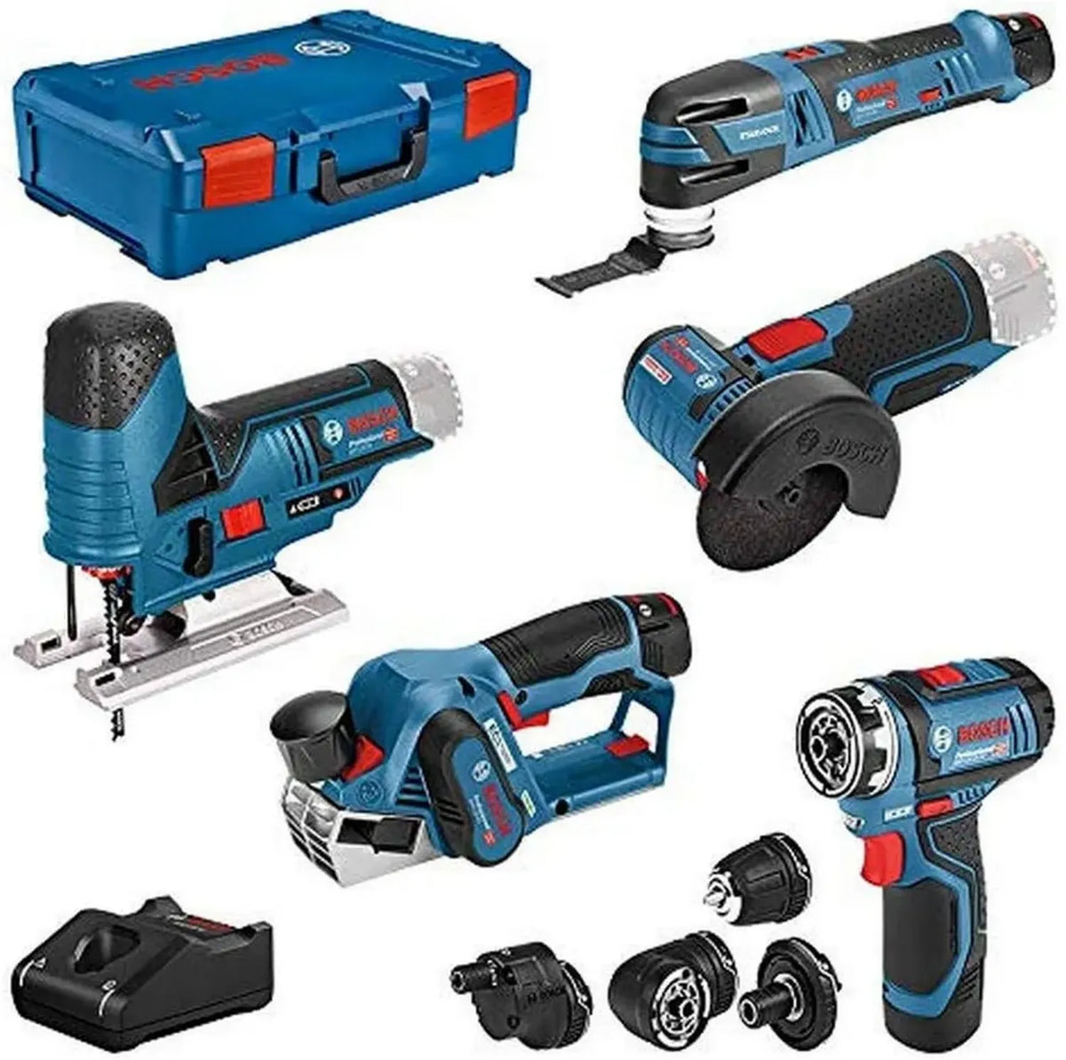 Kit Combinato Bosch Professional 12V: Trapano Avvitatore, Pialla, Smerigliatrice, Seghetto Alternativo e Multifunzione