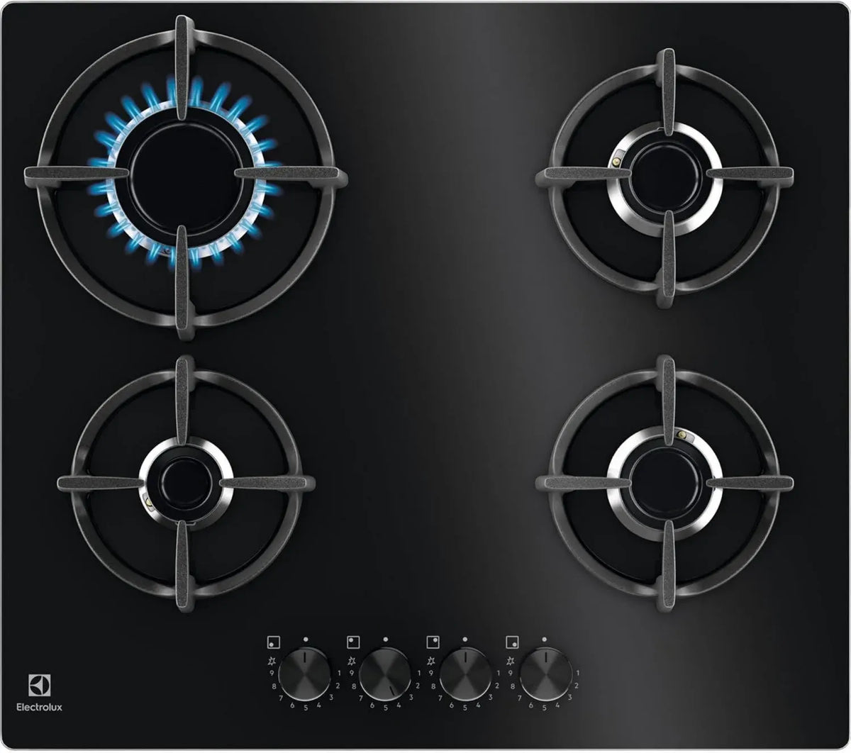 Piano Cottura a Gas Electrolux Serie 600, 60 cm, 4 Fuochi, Con Bruciatore Rapido e Wok, Sicurezza Sicurgas, Nero