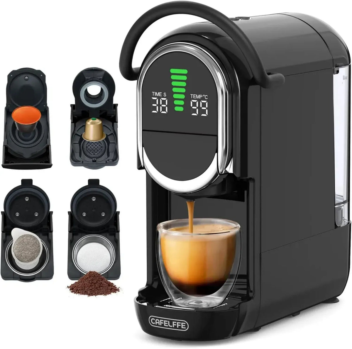 Macchina da Caffè 4 in 1: Infusione Caldo e Freddo, 7 Livelli Acqua, Compatibile con Cialde e Polvere