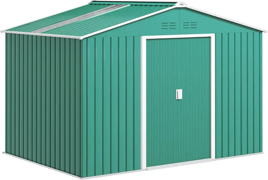 Capanno da Giardino in Acciaio Zincato 5m² con Fondazione e Prese d'Aria, Porta Scorrevole Bloccabile, Tetto Inclinato, Verde Scuro
