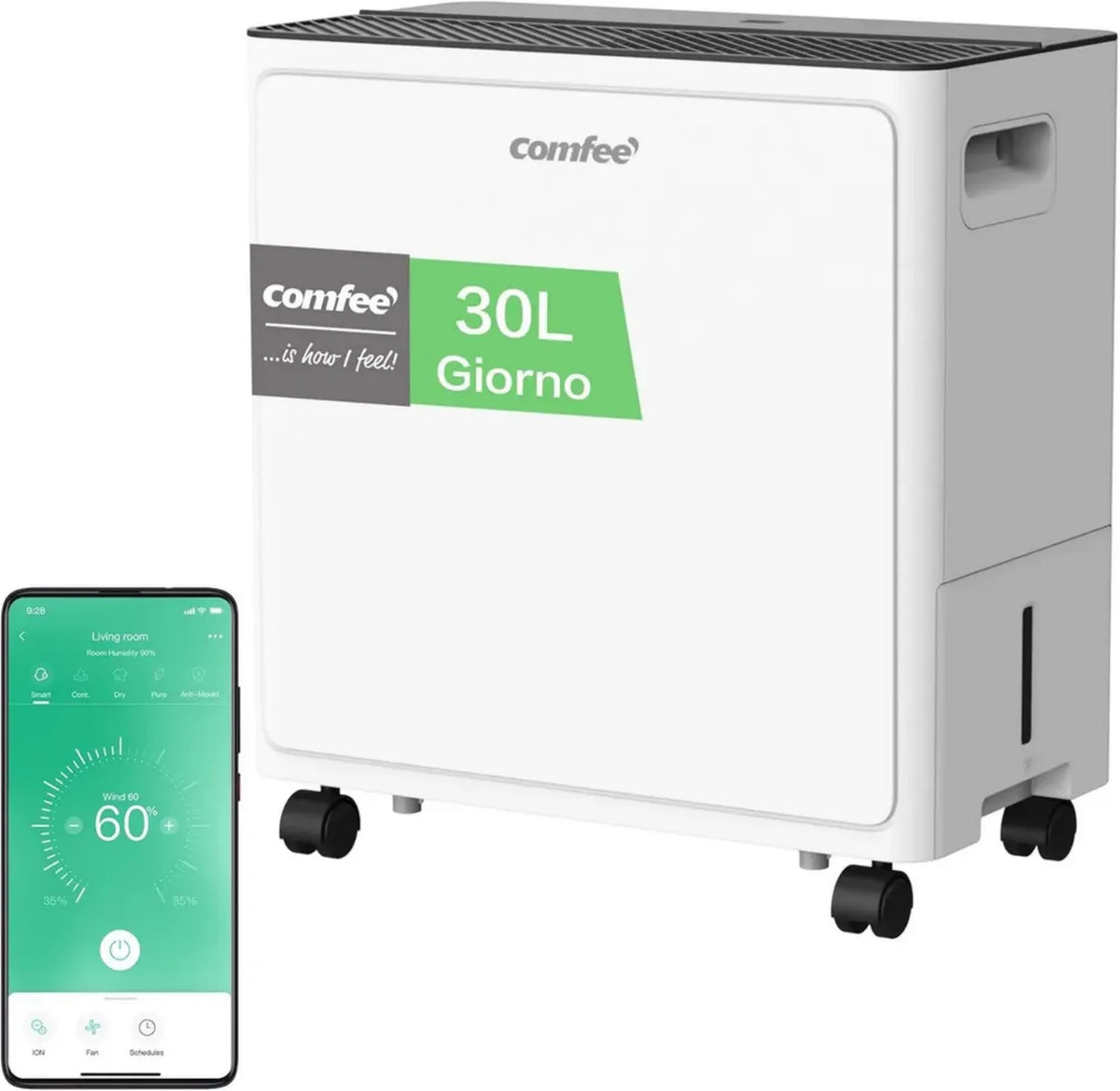 Deumidificatore COMFEE' 30L/24h, Ideale per Spazi fino a 73㎡, Tanica 3L, Silenzioso con Modalità Asciugatura e Ruote Piroettanti