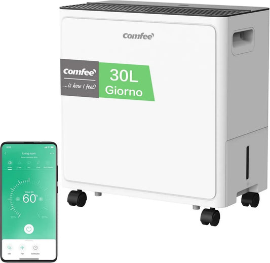 Deumidificatore COMFEE' 30L/24h, Ideale per Spazi fino a 73㎡, Tanica 3L, Silenzioso con Modalità Asciugatura e Ruote Piroettanti