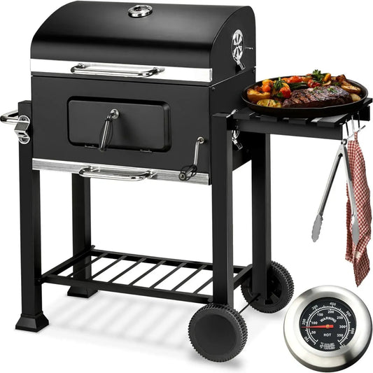 Grill a Carbonella Portatile con Termometro e Ruote - Nero