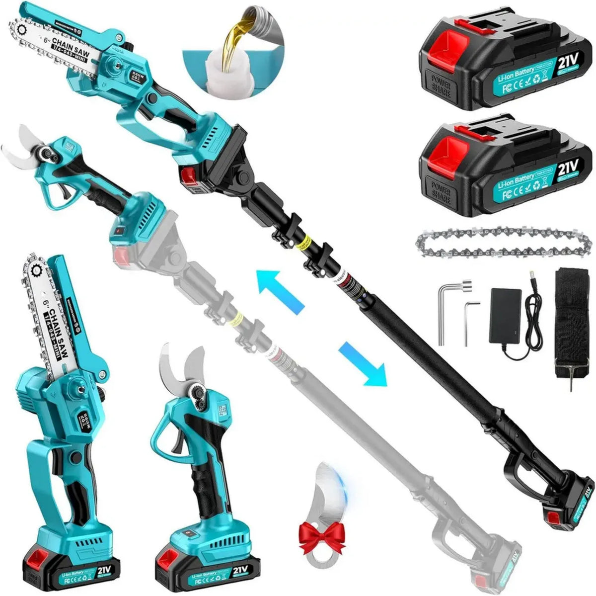 Set Giardinaggio 4-in-1 con Motosega e Forbici Telescopiche a Batteria, Inclusa 2 Batterie da 2000mAh, Lunghezza Regolabile fino a 2,2 Metri