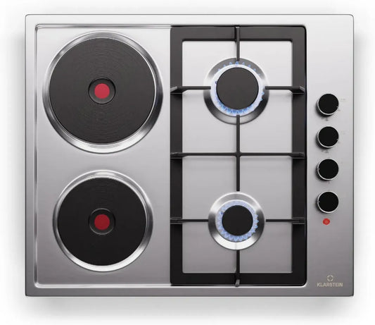 Klarstein MultiChef 4 - Piano Cottura Combinato, 2 Fuochi A Gas e 2 Elettrici, Acciaio Inox, Potenza 6300W