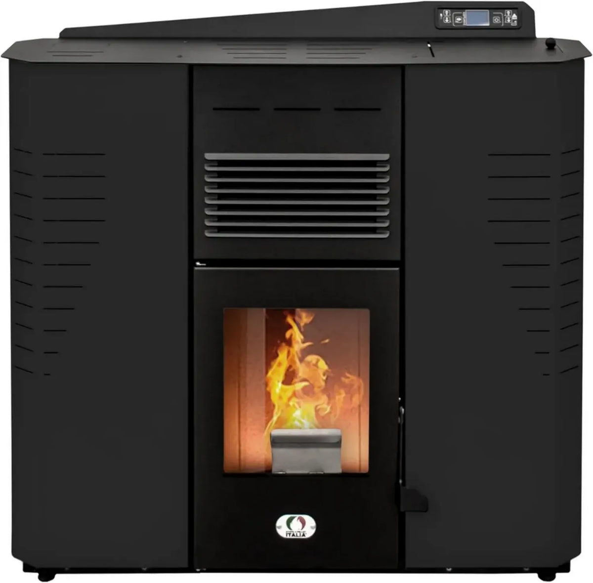 Stufa a Pellet Marmolada 14KW Canalizzata WiFi con Efficienza 92%, Riscalda 130m², Autonomia 19 Ore, Programmabile a 5 Velocità, Design Compatto, Nero
