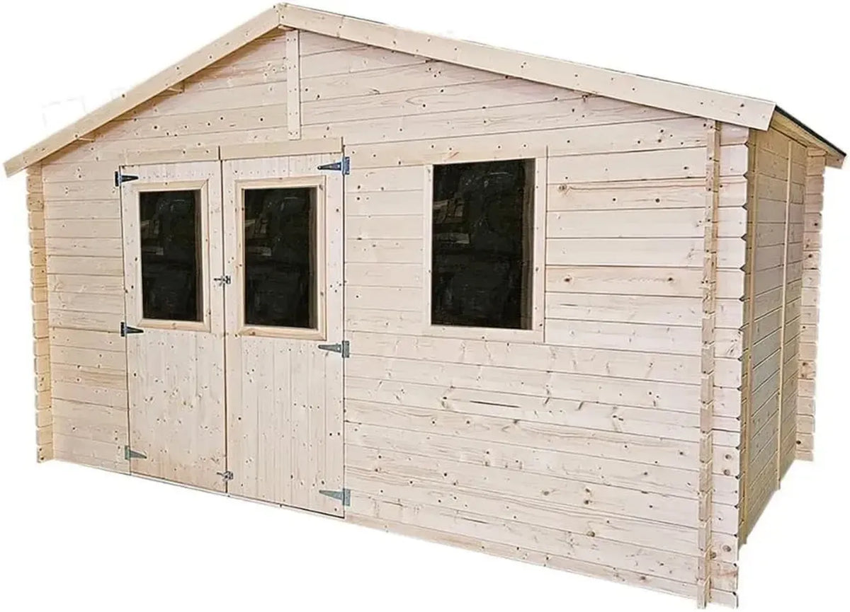 Casetta in legno Greta 4x4 m con doppia porta e finestra laterale in abete naturale