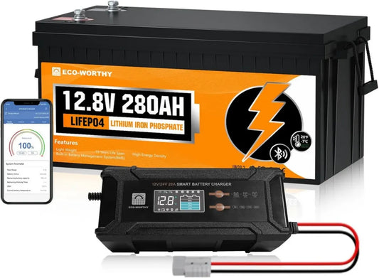 Batteria LiFePO4 12V 280Ah con Bluetooth e Caricabatterie 20A, Ideale per Camper e Barca