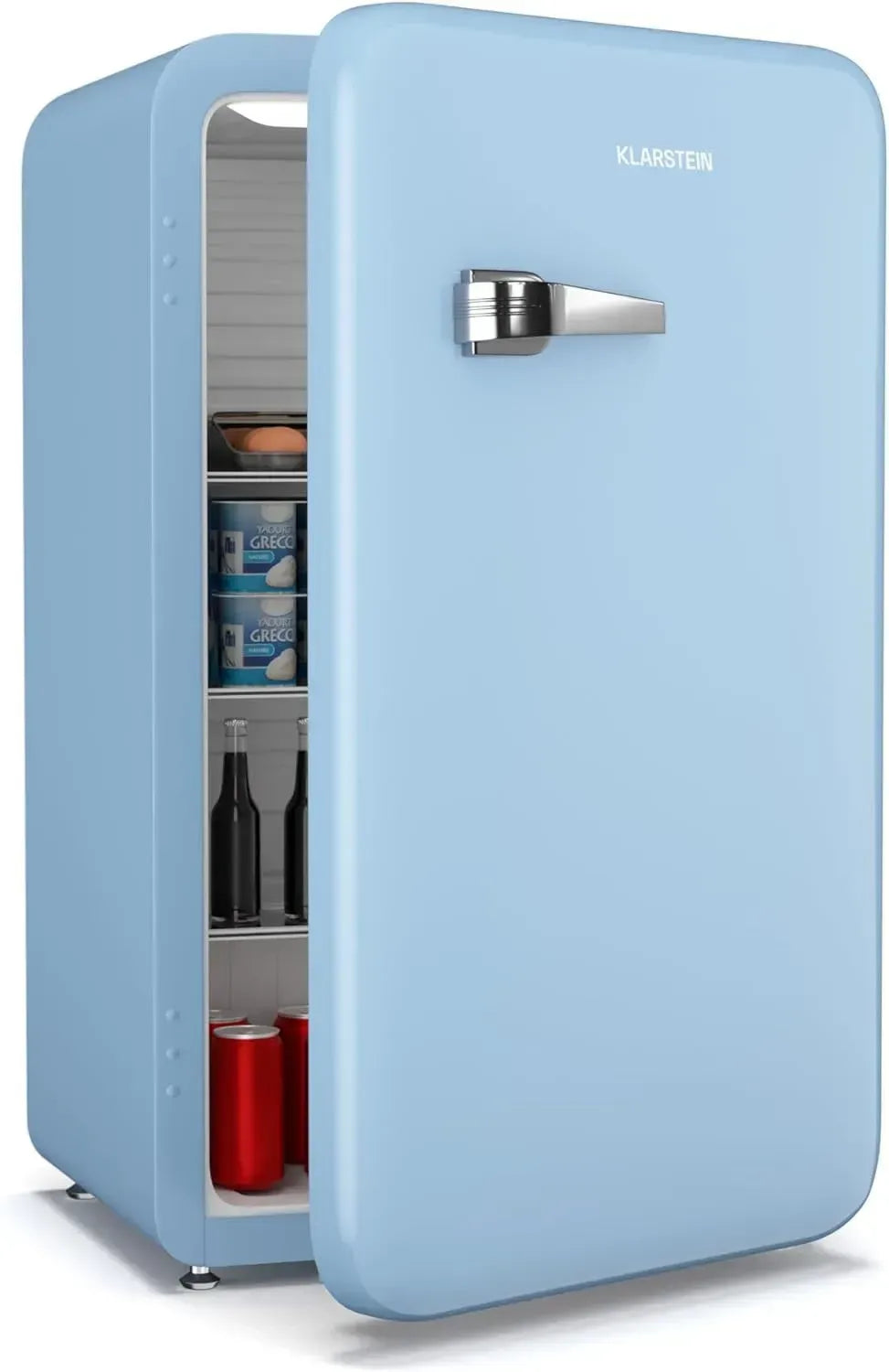 Mini Frigo Retrò Audrey Evo 90L, Silenzioso 40 dB, Termostato Regolabile, Porta Reversibile, Blu
