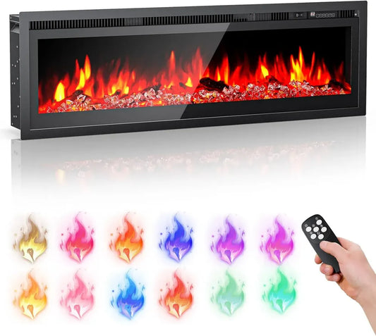 Camino elettrico 40' con installazione versatile, 12 colori di fiamma, 5 livelli di luminosità, tronchi cristallo e legno, potenza 750/1500 W