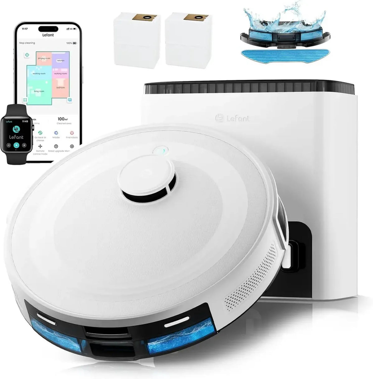 Robot Lavapavimenti Lefant M2 Plus con Mappatura, 6000Pa di Aspirazione, Svuotamento Automatico, Navigazione Laser dToF, Evitamento Ostacoli, Controllo Alexa e App
