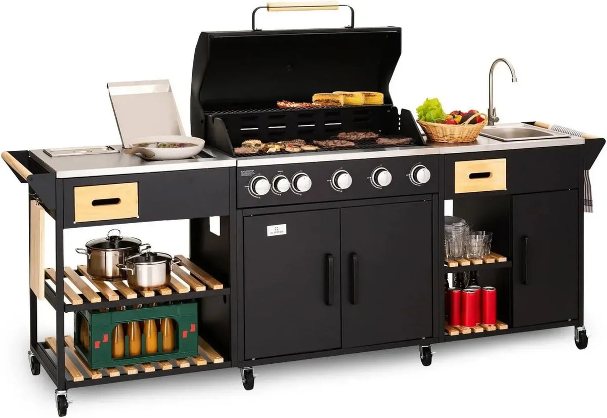Barbecue a gas 5+1 bruciatori 20,7 kW con lavello e tavoli, ideale per feste e catering