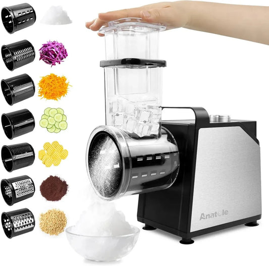 Affettaverdure Elettrico Tritatutto 7 Lame in Acciaio Inox 250W, Grattugia per Formaggio e Carote, Multifunzione da Cucina, 220V Spina EU