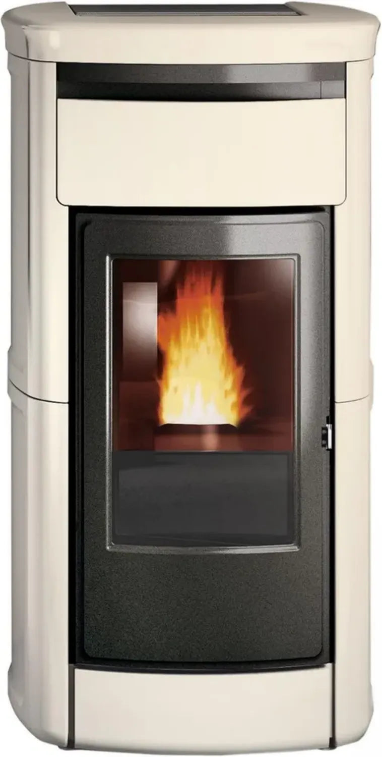 Stufa a pellet in ceramica Kira H Acqua con caminetto Edil Perg Amena 18