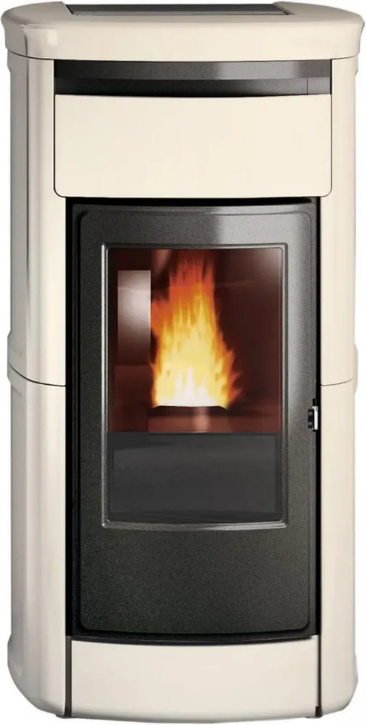 Stufa a pellet in ceramica Kira H Acqua con caminetto Edil Perg Amena 18