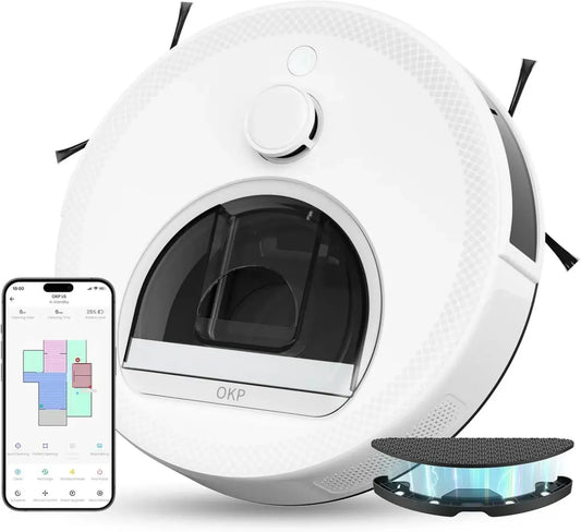 Robot Aspirapolvere OKP L6 con Mappatura Laser, 6000 Pa Potente, Navigazione dTOF, Evita Ostacoli, Autonomia 150 Minuti, Compatibile WiFi e Alexa, Perfetto per Peli di Animali e Pavimenti Duri