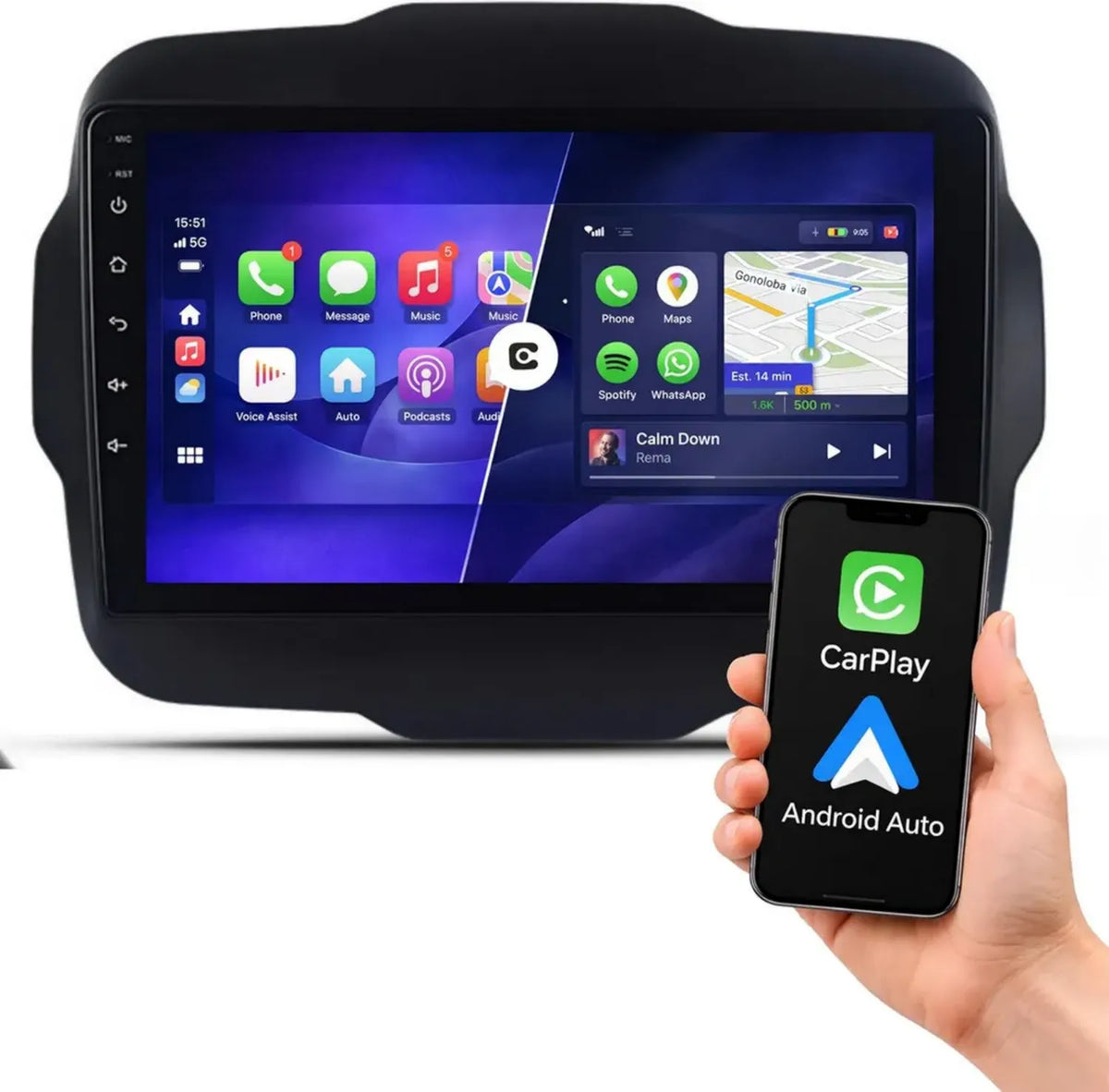 Sistema Multimediale Android 9' per Jeep Renegade, CarPlay Senza Fili, GPS, Bluetooth, HD Touchscreen, Retrocamere, 4+64GB