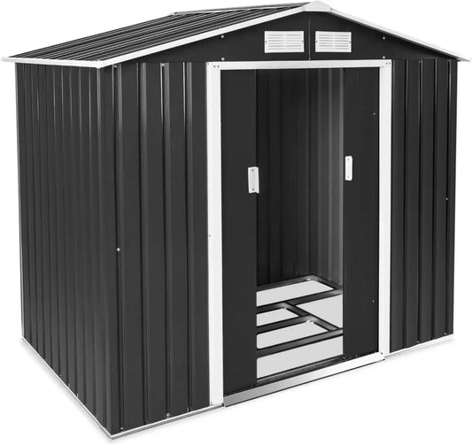 Casetta da Giardino in Acciaio Tetto a Doppia Falda con Porta Scorrevole, 4.2m³, Grigio/Bianco
