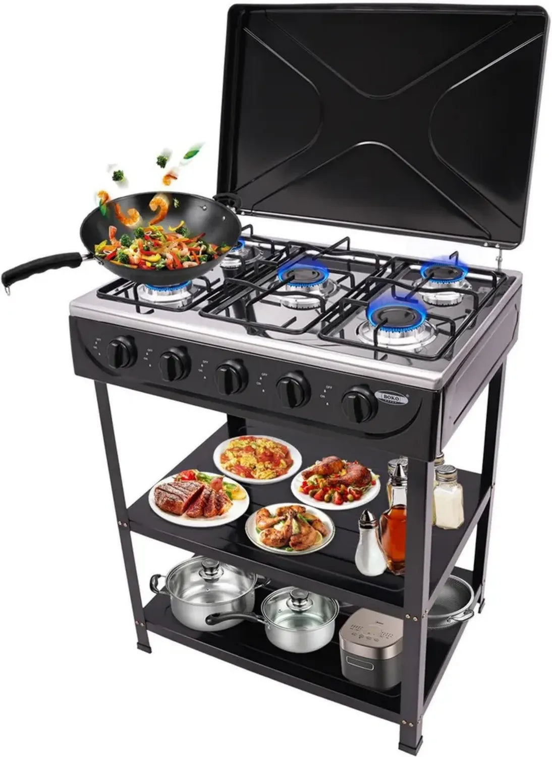 Cucina a Gas Portatile con 5 Fuochi, Gambe Resistenti e Paravento – Ideale per Camper e Appartamenti