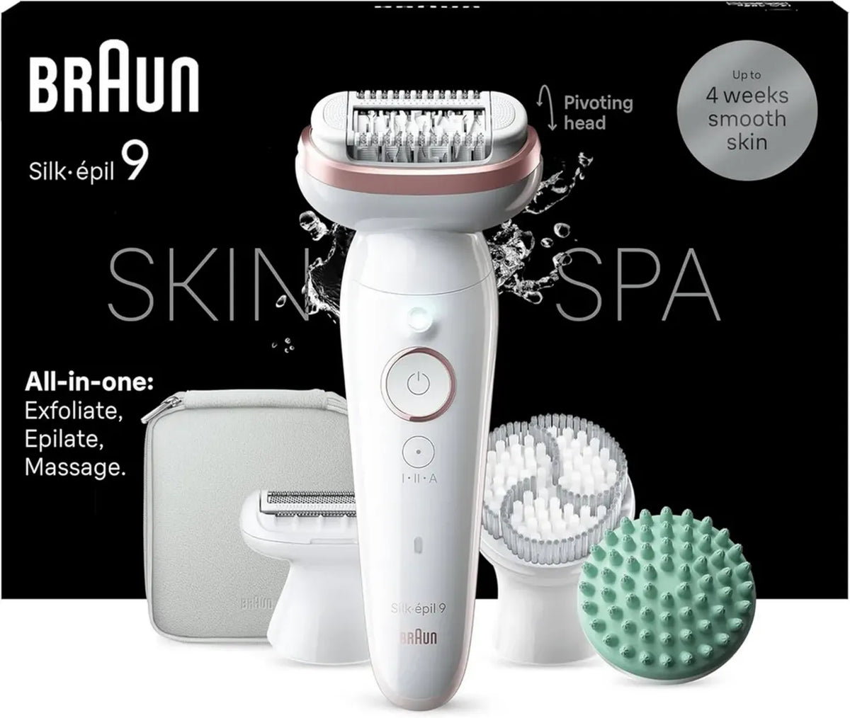 Braun Silk-épil 9 Epilatore Elettrico Donna con Testina Flessibile, Wet & Dry, Kit Completo per Pelle Liscia, Bianco/Rosa