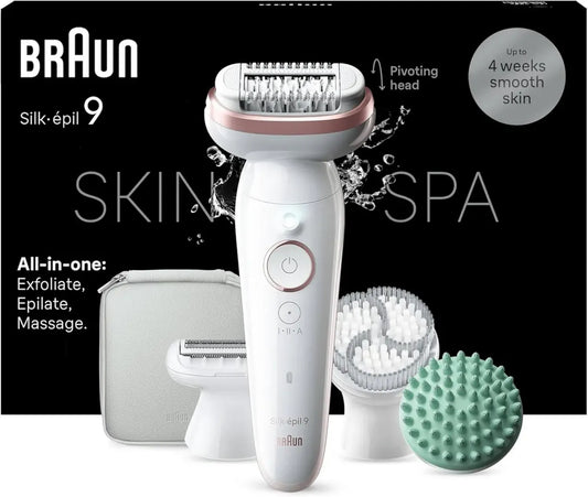 Braun Silk-épil 9 Epilatore Elettrico Donna con Testina Flessibile, Wet & Dry, Kit Completo per Pelle Liscia, Bianco/Rosa
