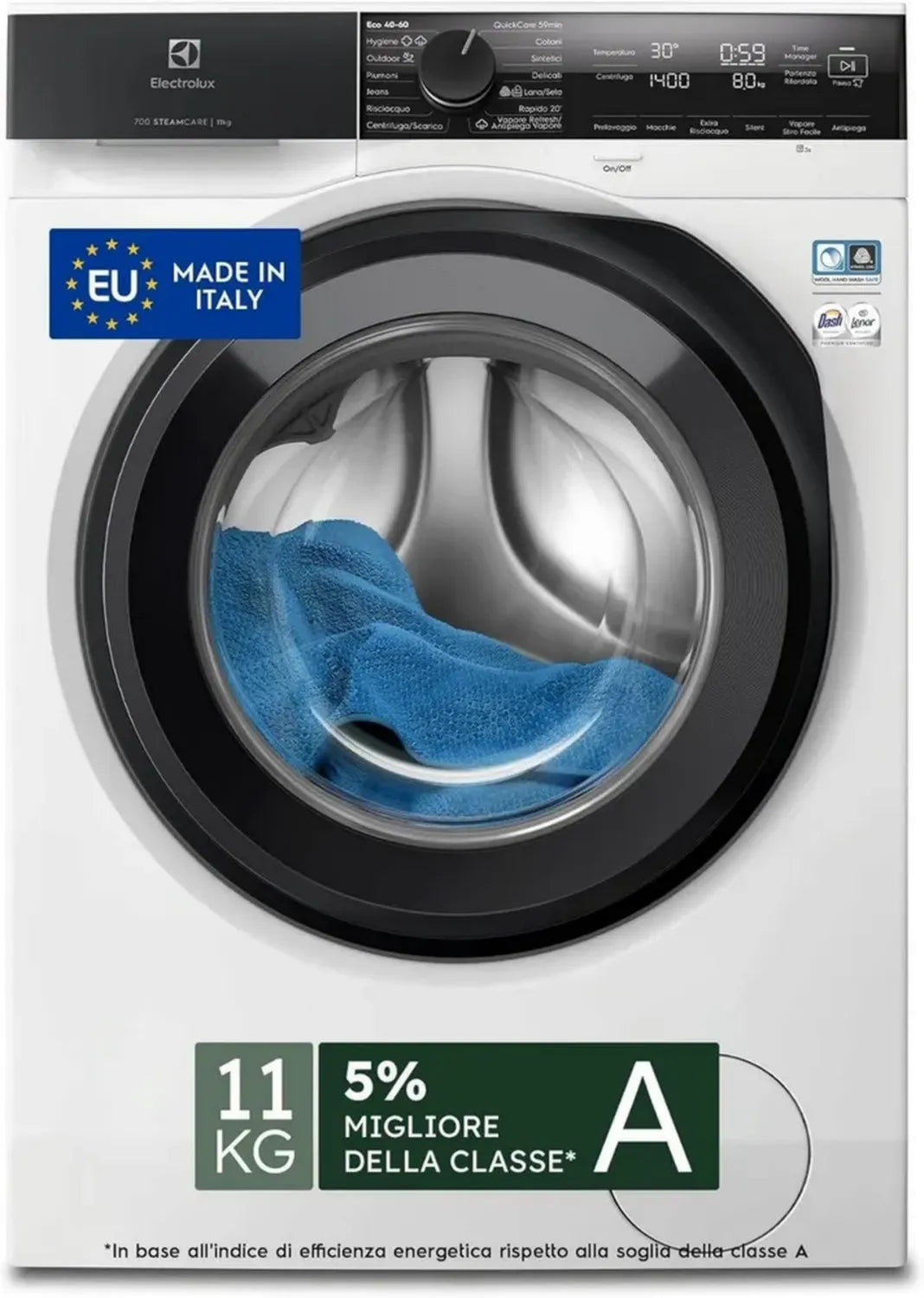 Lavatrice Electrolux Serie 700 11 kg, SteamCare e SensiCare+, 1400 RPM, Cesto CareDrum, Classe A, Bianco