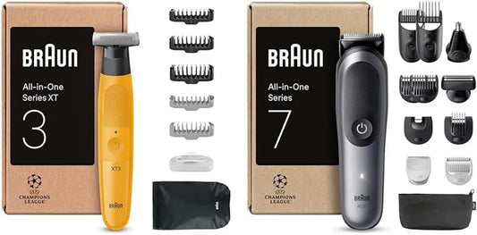Braun Rasoio Multiuso Uomo XT3, Regolabarba e Styling, Giallo & Rasoio Corpo Series 7, Cura Completa con 8 Accessori, Taglia Peli Naso e Orecchie, Grigio