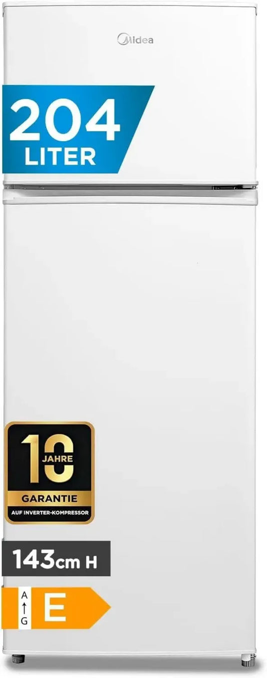 Frigorifero Doppia Porta Midea 204L con Congelatore Superiore, Classe Energetica E, Luce LED, Bianco