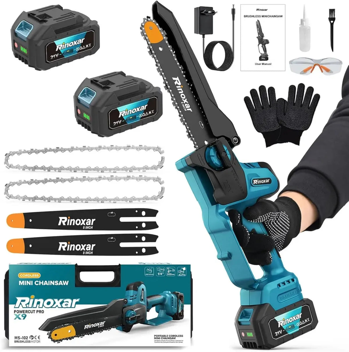 Motosega a Batteria da Potatura 8 Pollici 20V 8000mAh, con Pompa Olio Automatica e Catena di Ricambio, Motore Brushless 1300W per Giardinaggio - PowerCut X9 Pro