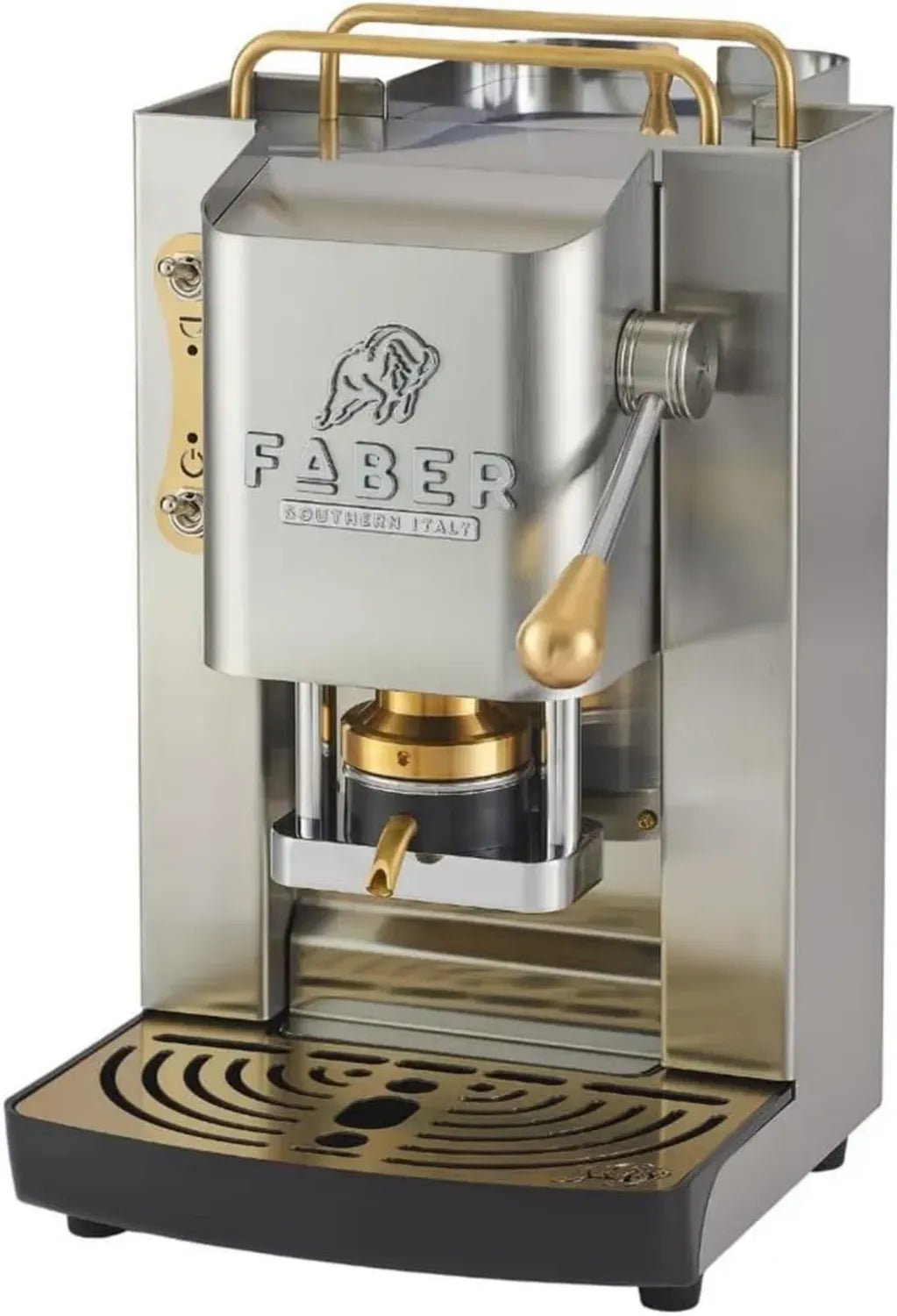 Macchina da Caffè Faber Deluxe 3.0 ESE 44mm con Elettrovalvola, Serbatoio in Vetro 1L, Portacialda Removibile e Pressacialde in Ottone Regolabile (Inox Matt, Ottone)