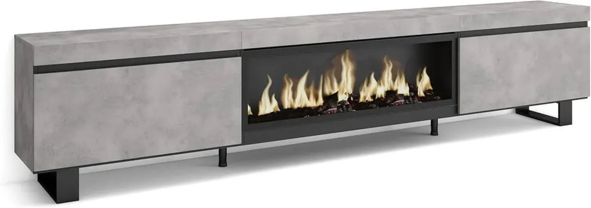 Mobile TV Cemento con Camino Elettrico XXL e Design Industriale, 267x57x35 cm