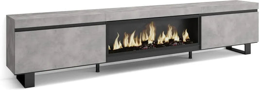 Mobile TV Cemento con Camino Elettrico XXL e Design Industriale, 267x57x35 cm