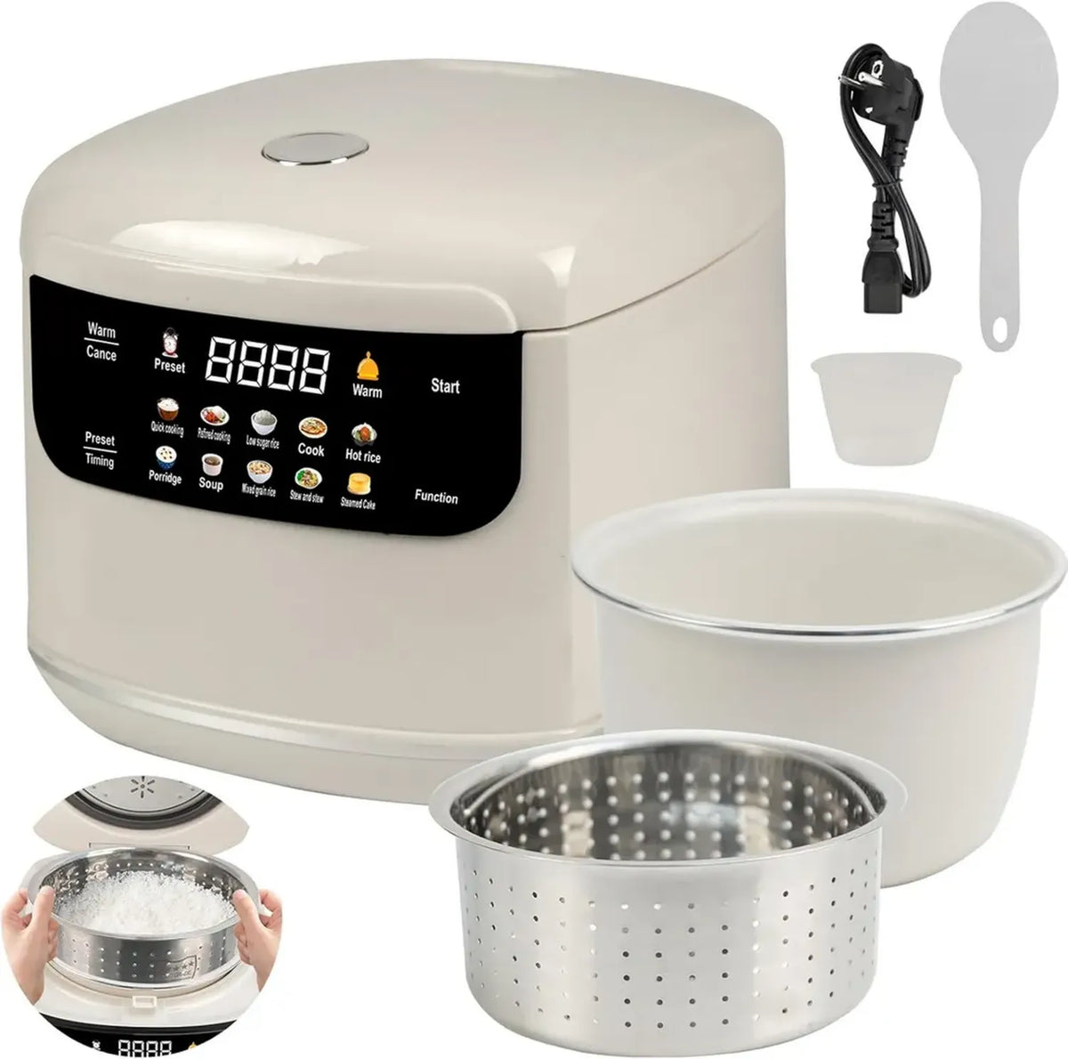 Cuociriso a Basso Contenuto di Zucchero 2L con Funzione di Cottura Sana e Vaporiera, Multifunzione 10 in 1 con Timer 24 ore e Mantenimento Calore 8 ore, Facile da Pulire