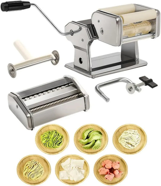 Macchina per pasta in acciaio inox con accessori versatili e taglierine per ravioli e spaghetti fatti in casa