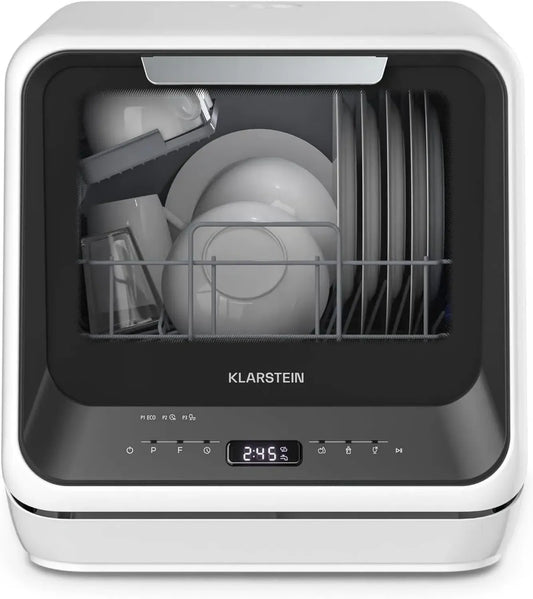 Mini Lavastoviglie Portatile Klarstein Amazonia - 7 Programmi, Serbatoio 5L o Collegamento Diretto, 58dB, Classe D, Display Digitale, Ideale per Piccole Cucine, Nero