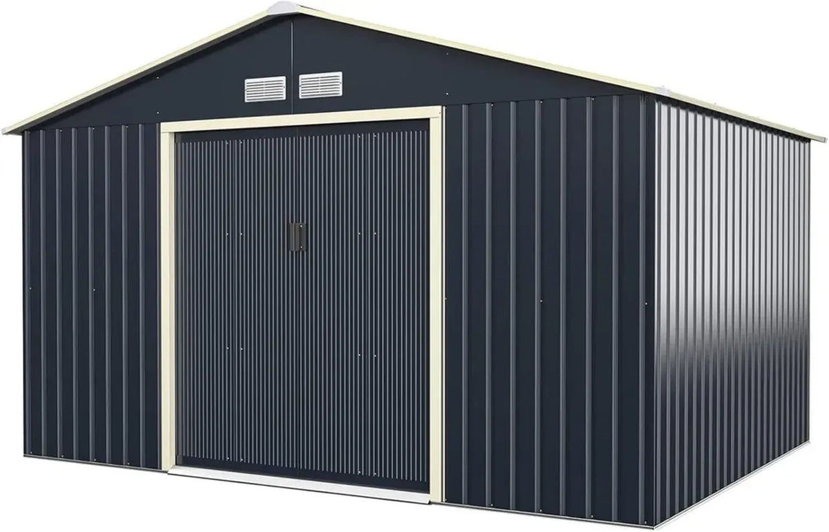 Casetta da Giardino in Acciaio Zincato con Ventilazione e Porte Scorrevoli, 340x255x210cm, Grigio