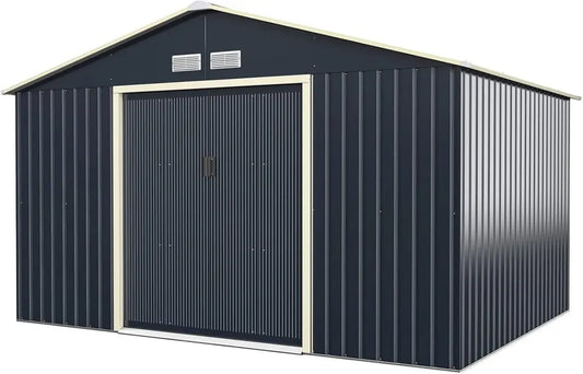 Casetta da Giardino in Acciaio Zincato con Ventilazione e Porte Scorrevoli, 340x255x210cm, Grigio