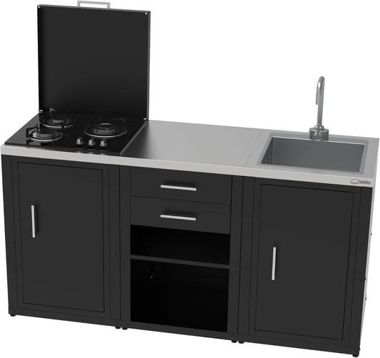 SOLEILUX Cucina da Esterno a Gas con 3 Moduli, Lavello, Rubinetto e Tagliere - 2 Cassetti Estraibili in Acciaio Inox - Colore Nero
