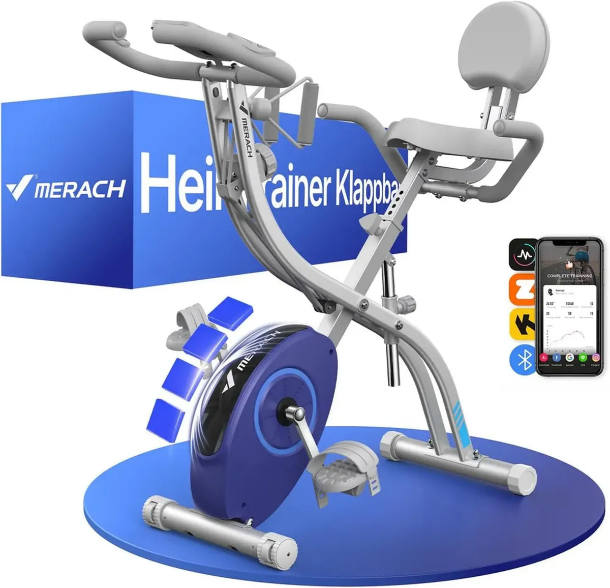 Bicicletta da Casa MERACH con App, Cyclette Pieghevole Silenziosa 4-in-1, 16 Livelli di Resistenza Magnetica, Schermo LCD, Monitoraggio Frequenza Cardiaca, Fascia di Resistenza, Sedile Confortevole
