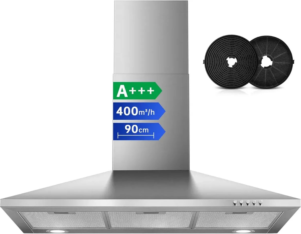 Cappa Cucina 90cm SNDOAS, Aspirazione 400 m³/h, Efficienza Energetica A+++, Filtro a Carboni, 3 Velocità, Acciaio Inox