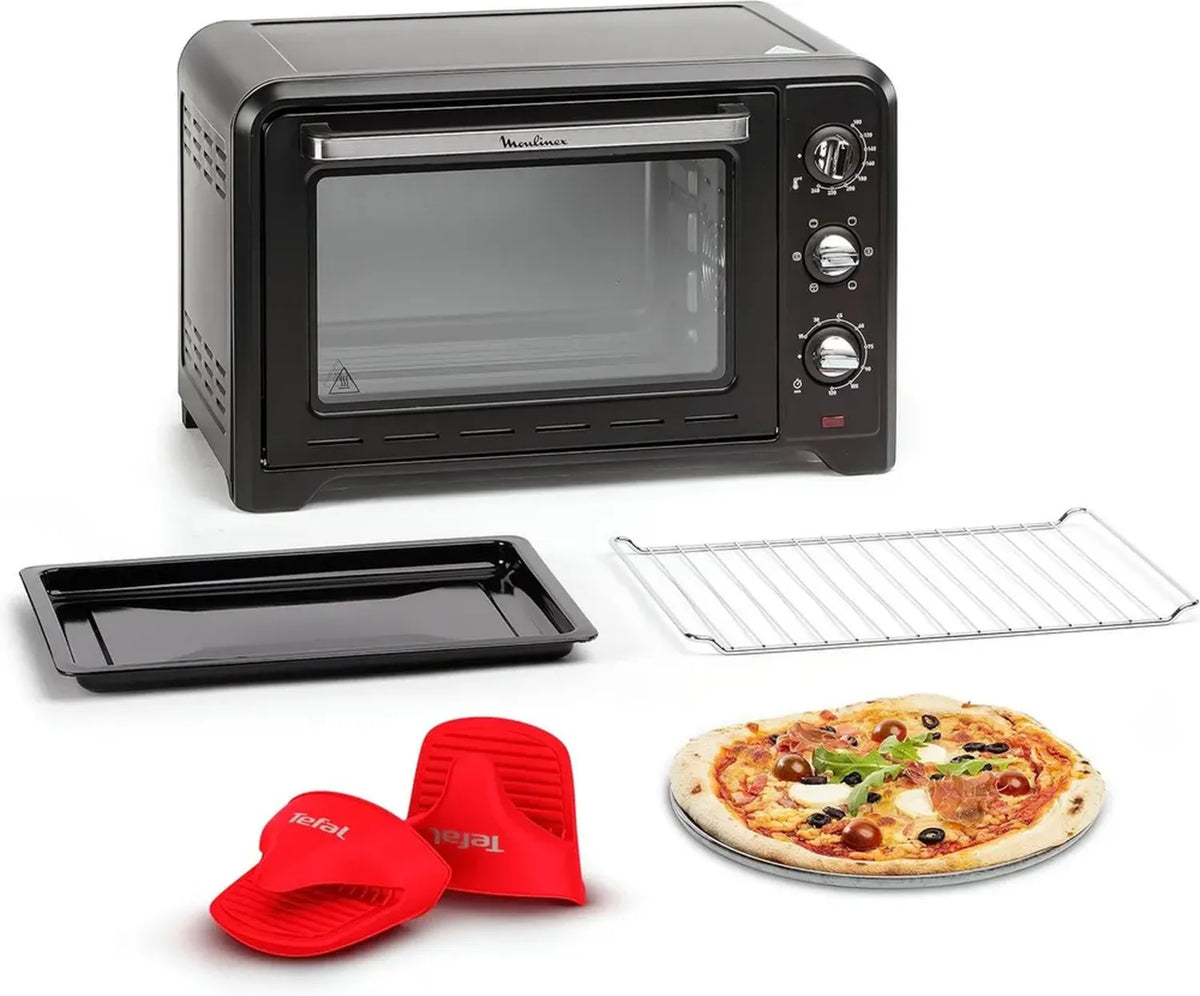 Moulinex Forno Compatto 33L, Convezione Rotante, 6 Funzioni Cottura, Termostato Fino a 240°C, Timer 120 min, Griglia Regolabile, Accessori Silicone, Modello Optimo Nero