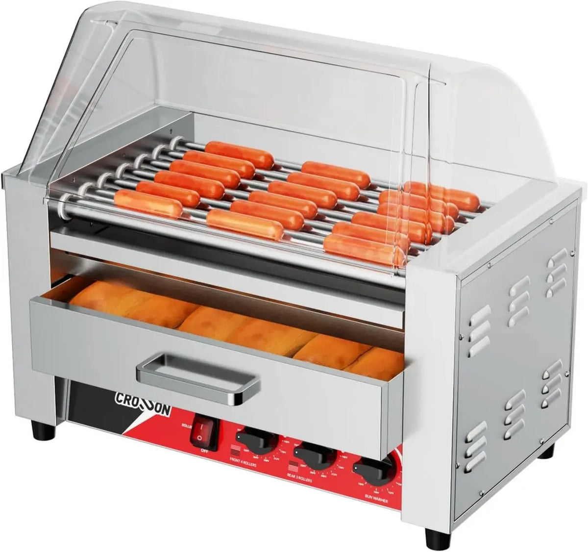 Macchina Professionale per Hot Dog 2 in 1 con Rulli in Acciaio Inossidabile e Scalda Pane