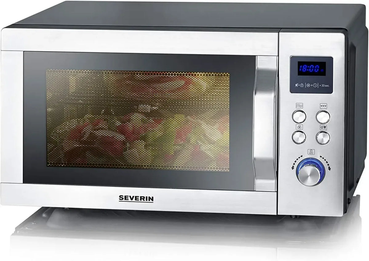 SEVERIN Microonde Combinato 3 in 1 con Base in Vetro, Grill e Aria Calda, Ampio Spazio per Piatti Quadrati, Nero/Acciaio Inox
