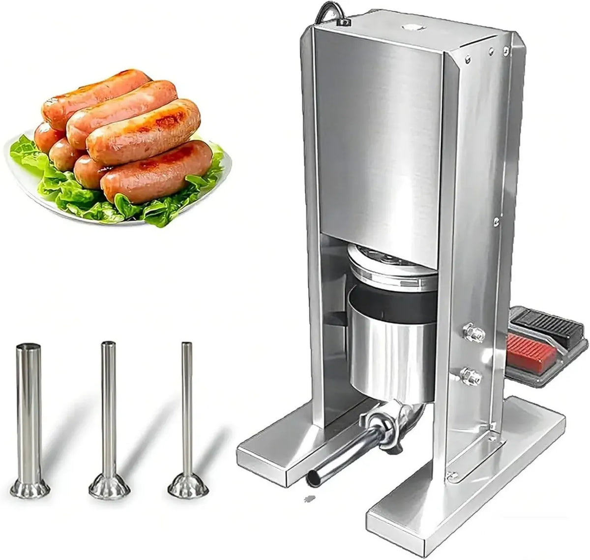 Riempitrice Elettrica in Acciaio Inox per Salsicce, 2L Verticale con Pedale e 3 Tubi di Riempimento per Casa e Commercio