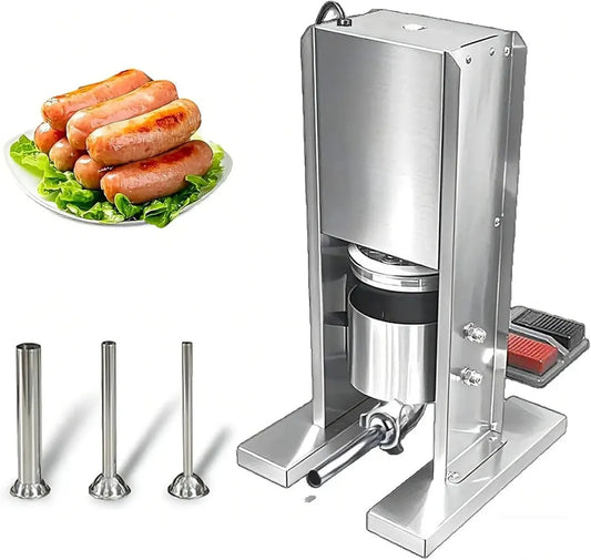 Riempitrice Elettrica in Acciaio Inox per Salsicce, 2L Verticale con Pedale e 3 Tubi di Riempimento per Casa e Commercio